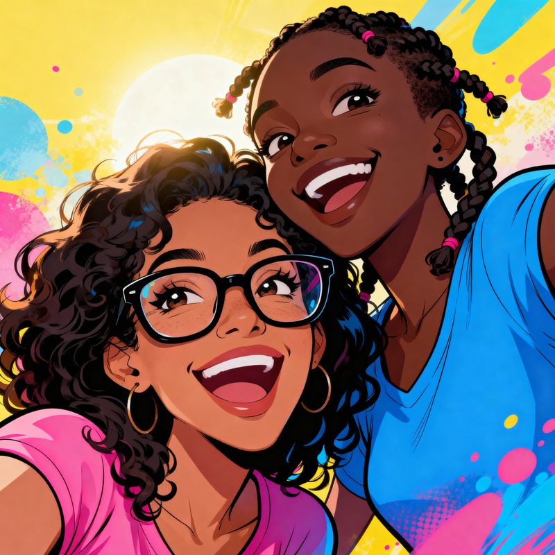 Vibrant Cartoon Selfie of Best Friends Vibrant Cartoon Selfie of Best Friends