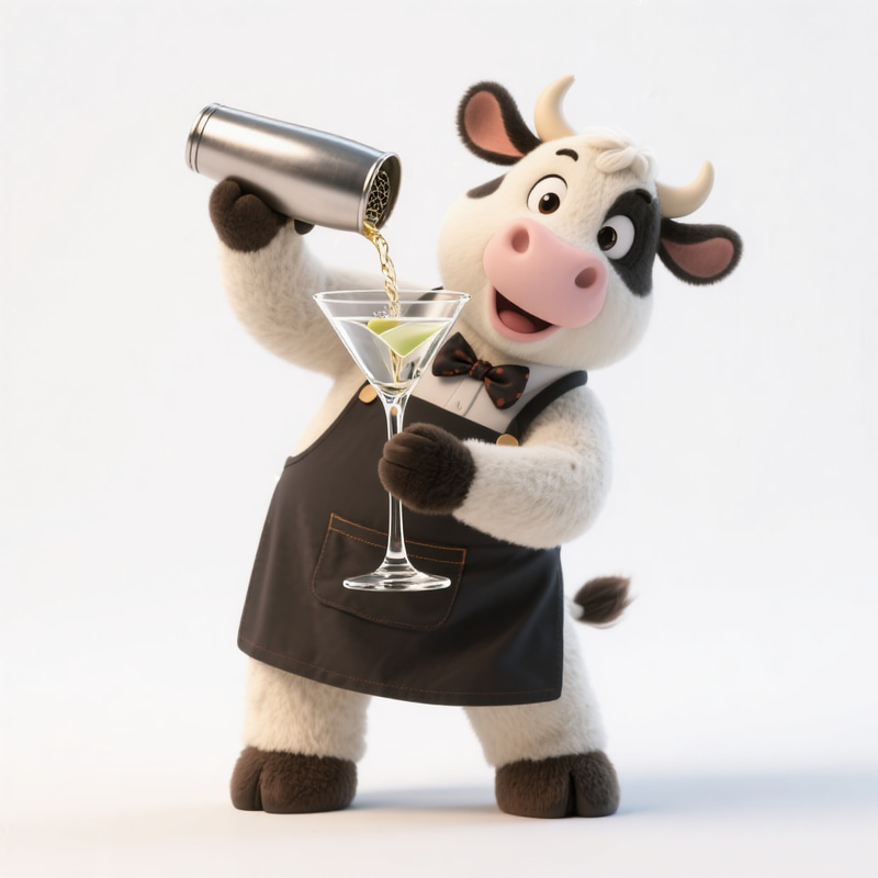 Playful Cow Mascot Pouring Martini Playful Cow Mascot Pouring Martini