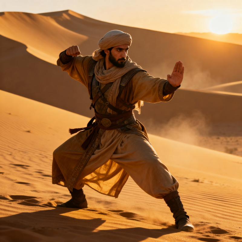 Dynamic Warrior in Traditional Islamic Attire Dynamic Warrior in Traditional Islamic Attire