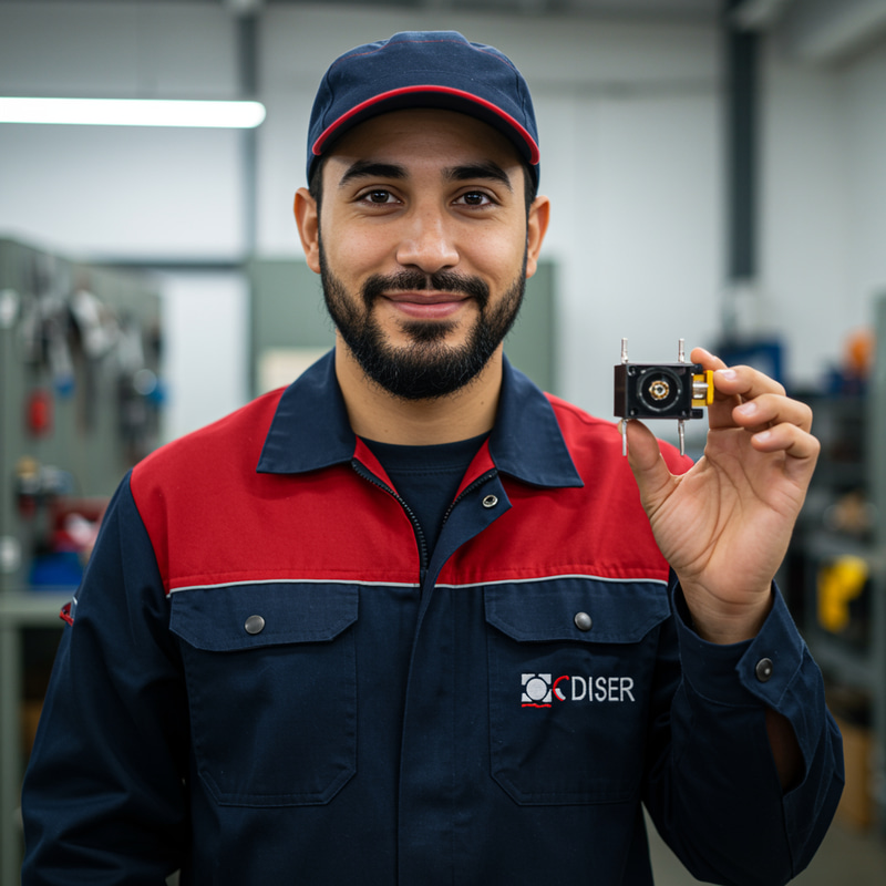 Friendly Electrician in Blue and Red Uniform