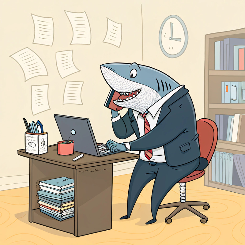 Shark in a Suit: Whimsical Office Multitasking Shark in a Suit: Whimsical Office Multitasking