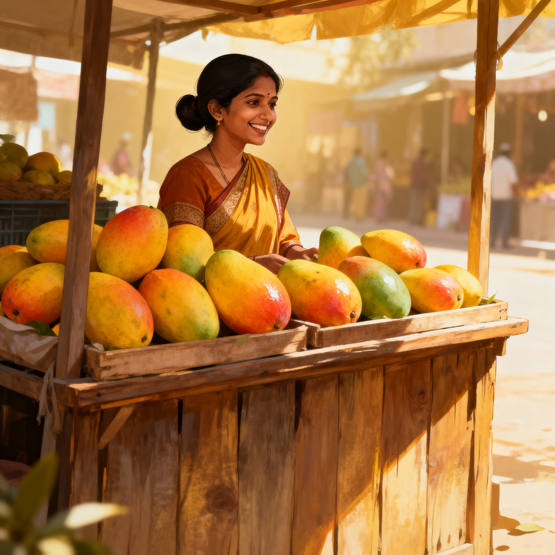 South Asian Woman Selling Fresh Mangoes at Market South Asian Woman Selling Fresh Mangoes at Market