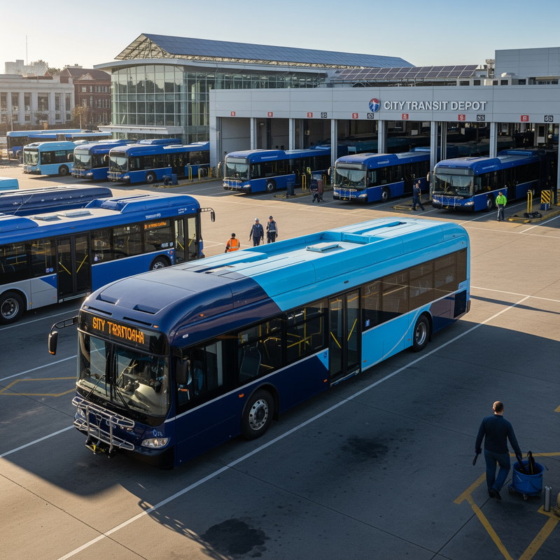 Dark Blue & Light Blue Bus with Depot Background Dark Blue & Light Blue Bus with Depot Background