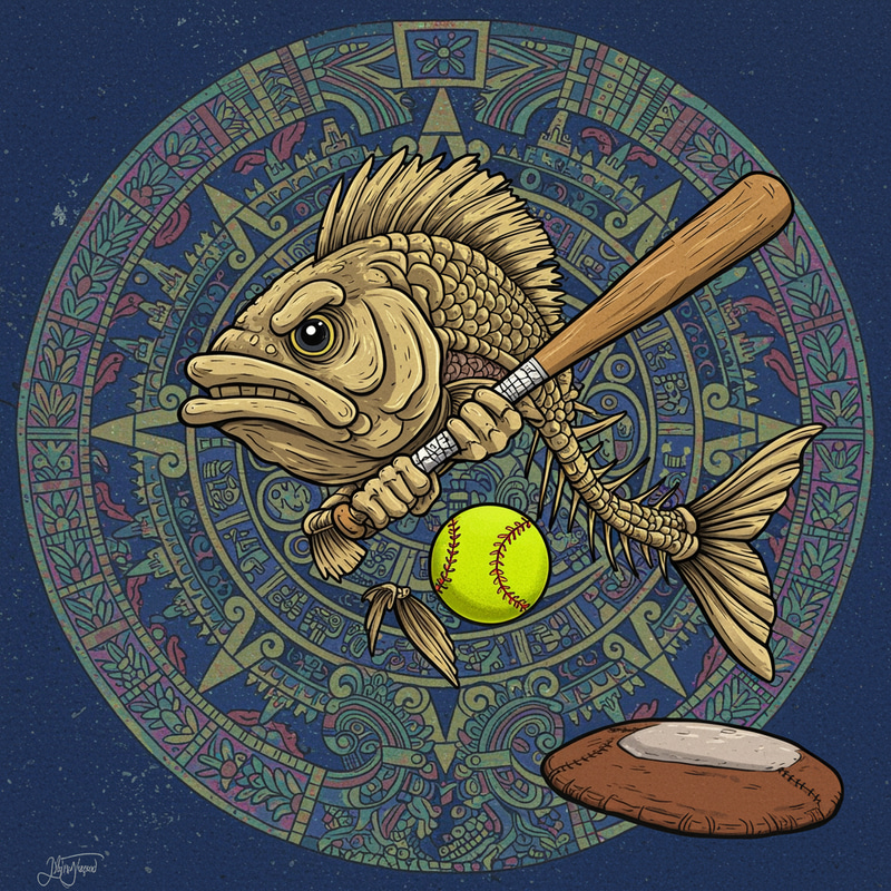 Aztec Boned Fish Softball Art - Colorful Design Aztec Boned Fish Softball Art - Colorful Design