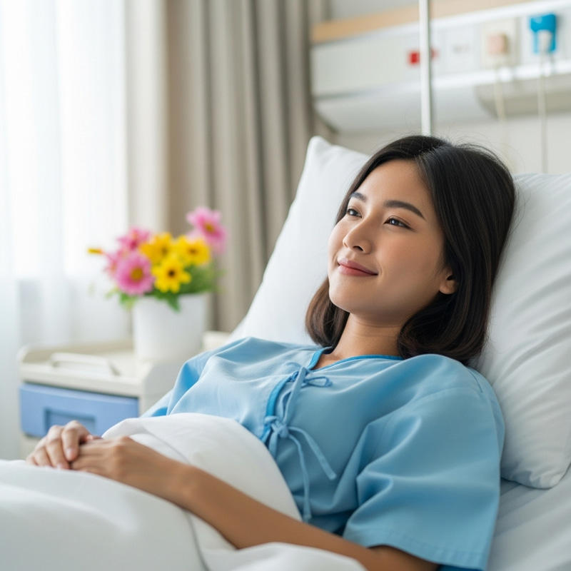 Patient Recovery: Lady on Hospital Bed