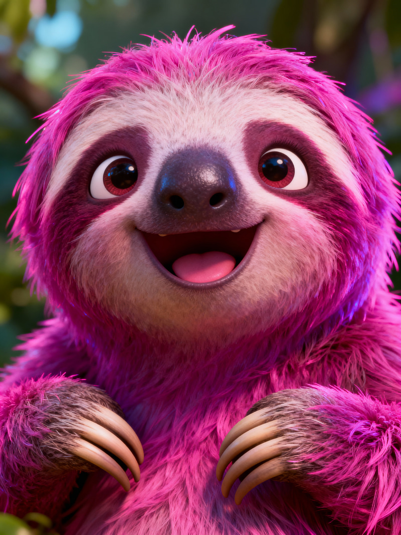 Realistic Neon Pink Sloth with a Happy Face Realistic Neon Pink Sloth with a Happy Face