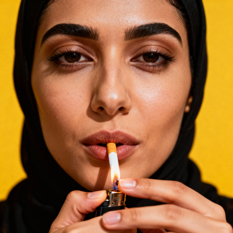 Hyperrealistic Close-Up of Woman Lighting Cigarette Hyperrealistic Close-Up of Woman Lighting Cigarette