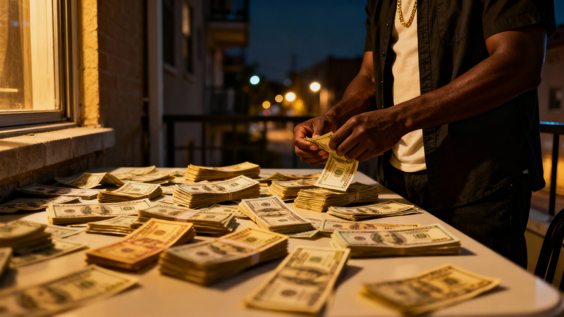 Money Counting Scene with Cash in Urban Setting