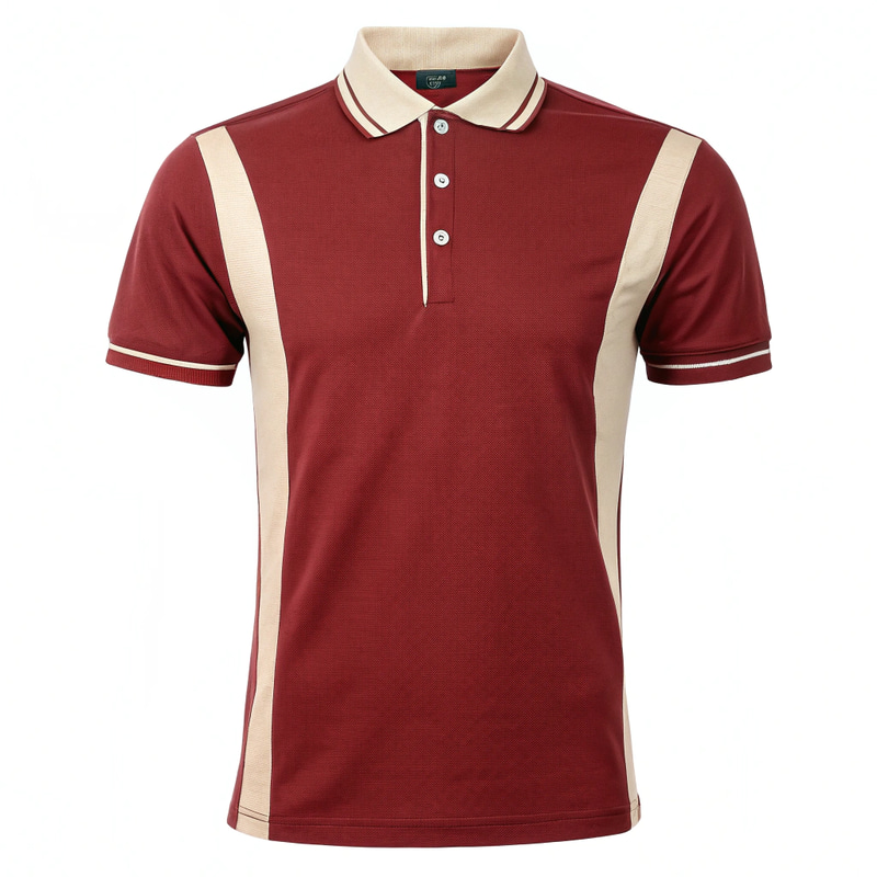 Dark Red and Cream Short Sleeve Collar T-Shirt