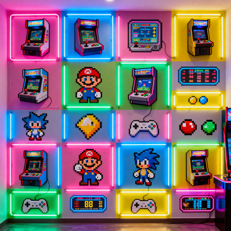 Vibrant Arcade-Themed Wall Design for Gamers Vibrant Arcade-Themed Wall Design for Gamers