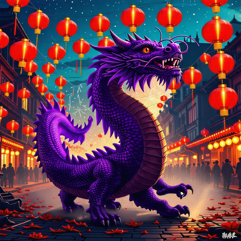 Mythical Purple Dragon in Chinatown Chinese New Year Celebration Mythical Purple Dragon in Chinatown Chinese New Year Celebration