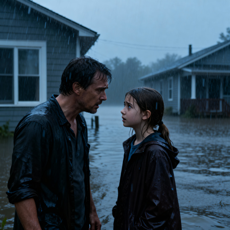 Father and Daughter Amidst Heavy Rain Worries