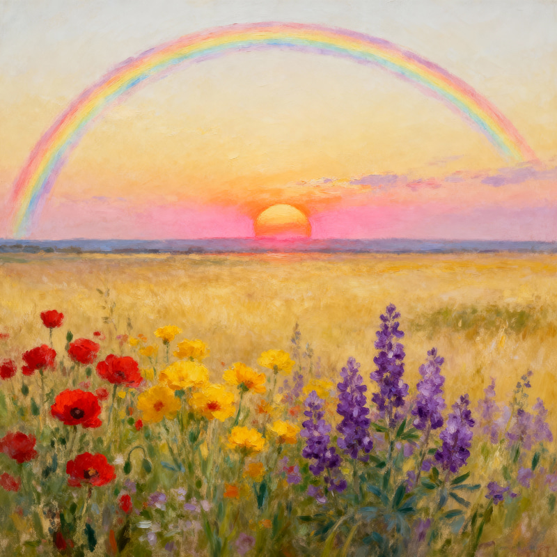 Beautiful Sunrise Horizon Painting with Rainbow and Flowers Beautiful Sunrise Horizon Painting with Rainbow and Flowers