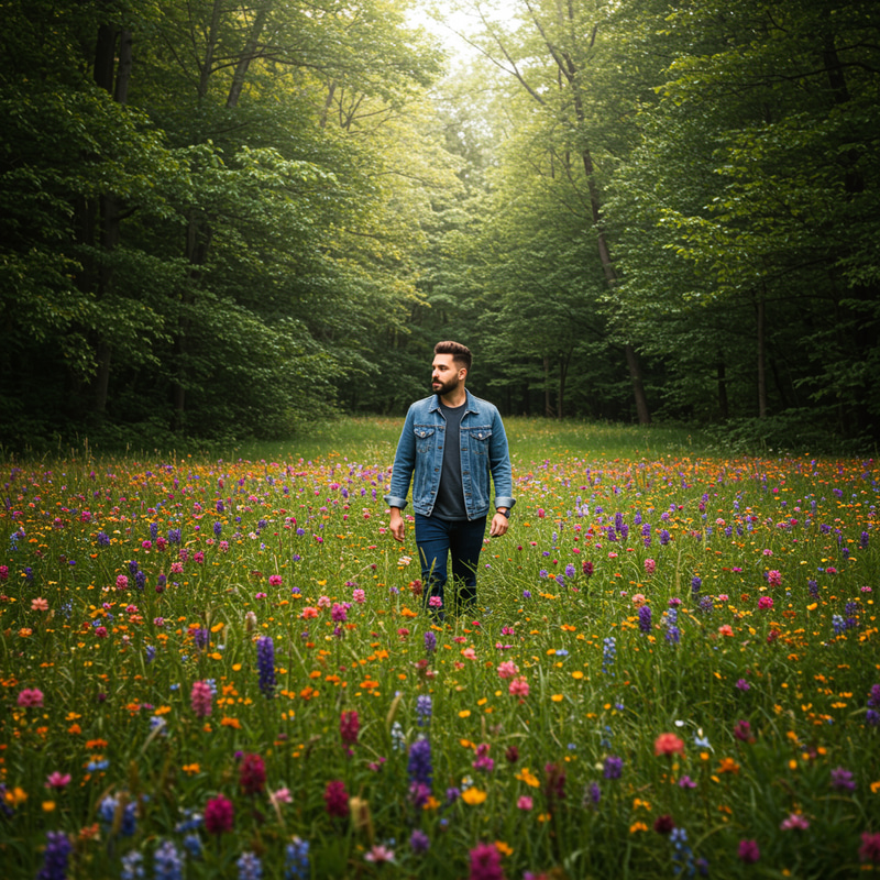 Man Walking Through Flower Field by Forest Man Walking Through Flower Field by Forest