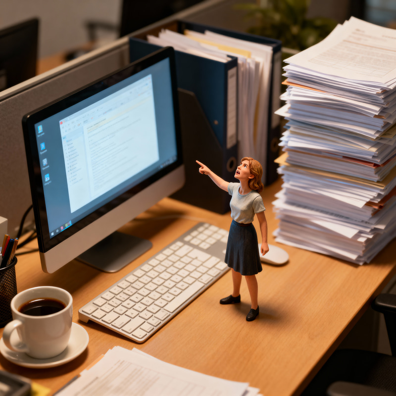 Miniature Woman in Awe on Office Desk Miniature Woman in Awe on Office Desk
