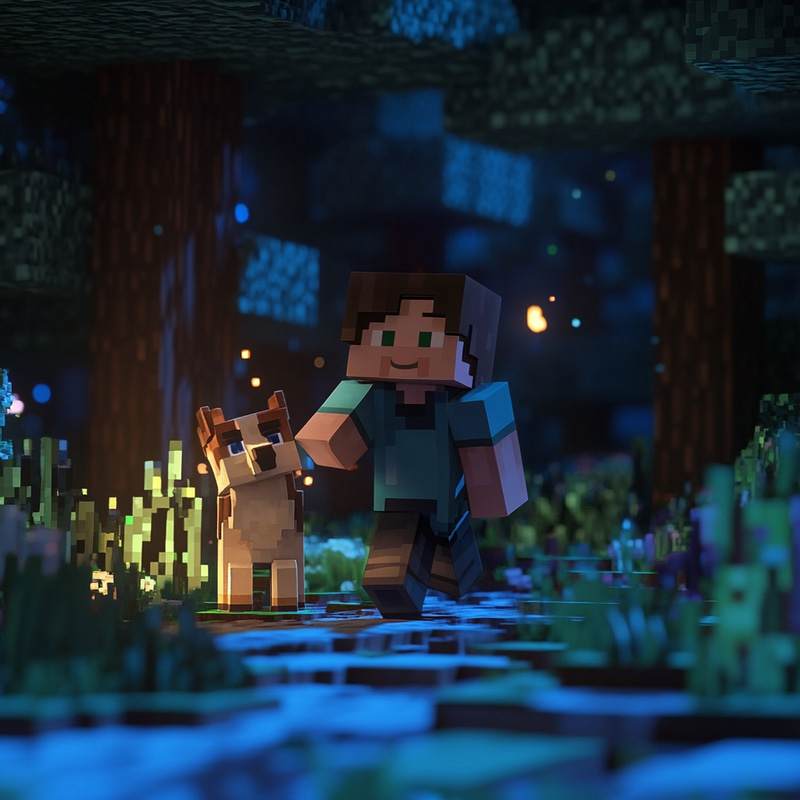 Steve from Minecraft in Forest with Dog at Night Steve from Minecraft in Forest with Dog at Night