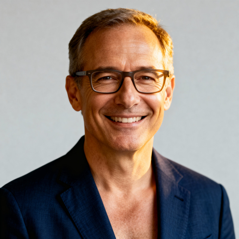 Happy Middle-Aged Man in Blazer with Glasses Happy Middle-Aged Man in Blazer with Glasses