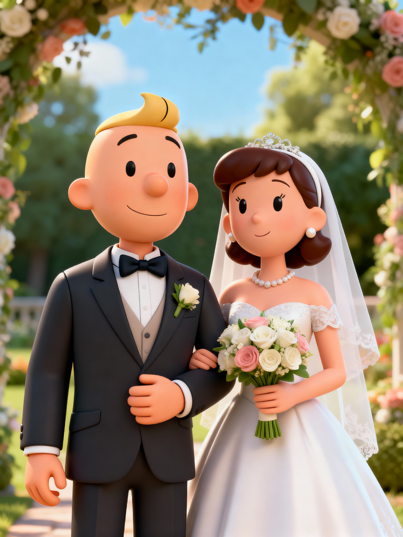 3D Rendered Wedding Couple in Hergé Style