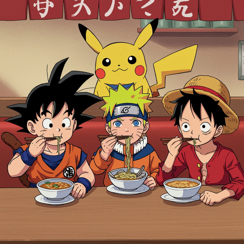 Goku, Naruto, and Luffy Enjoy Ramen Together Goku, Naruto, and Luffy Enjoy Ramen Together