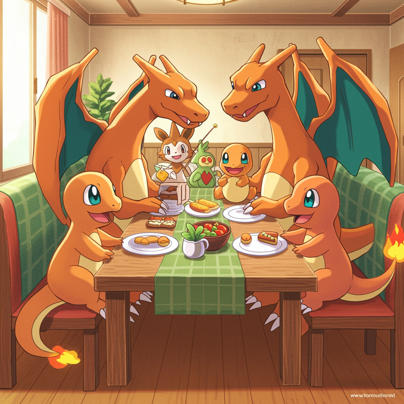 Charmander and Charizard Family Dinner Anime Art Charmander and Charizard Family Dinner Anime Art