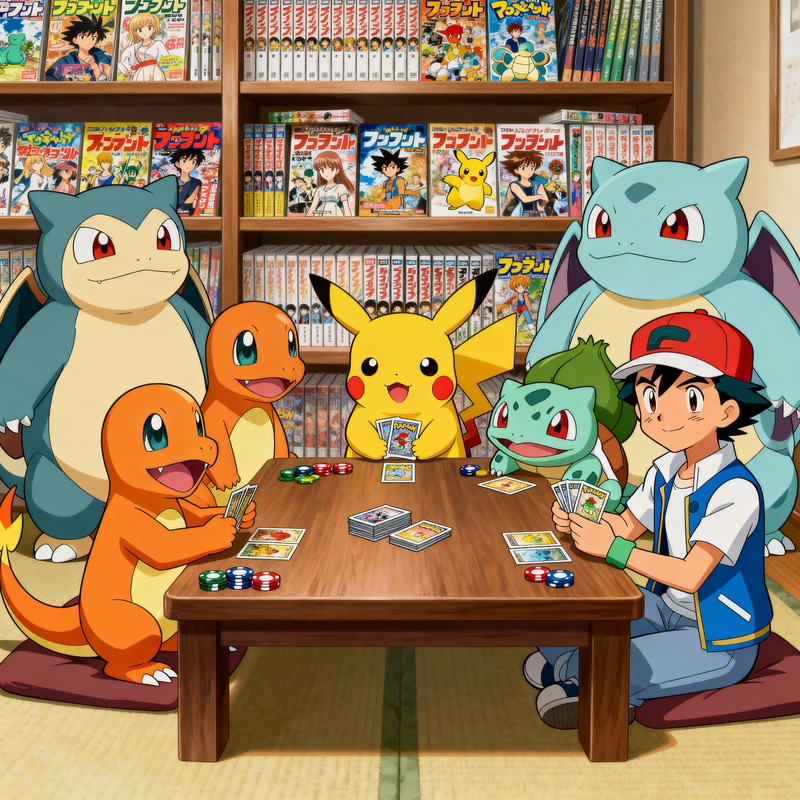Anime Pokémon Card Game Scene with Ash and Friends Anime Pokémon Card Game Scene with Ash and Friends