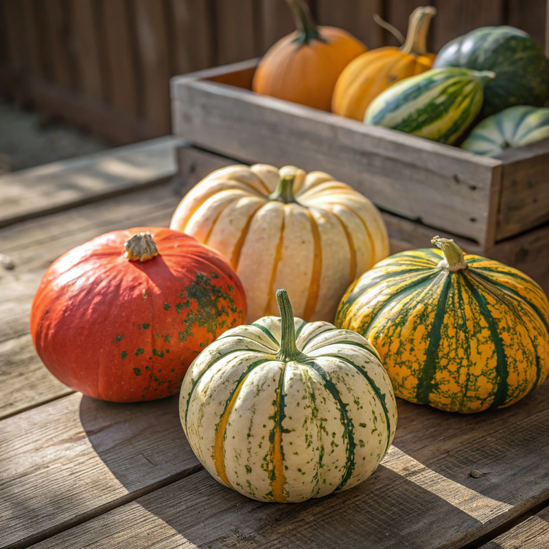 Vibrant Squash Varieties on Rustic Wood Table Vibrant Squash Varieties on Rustic Wood Table