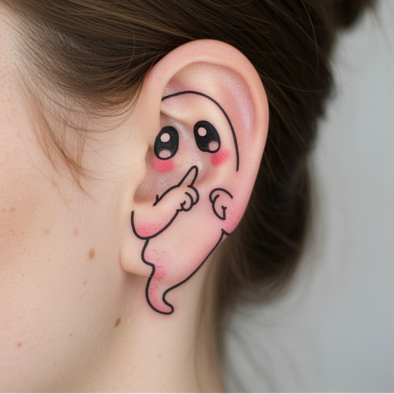 Whimsical Ghost Tattoo for Behind the Ear Whimsical Ghost Tattoo for Behind the Ear