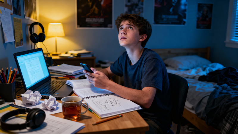 Teenage Procrastination at Night: A Hyperrealistic Scene Teenage Procrastination at Night: A Hyperrealistic Scene