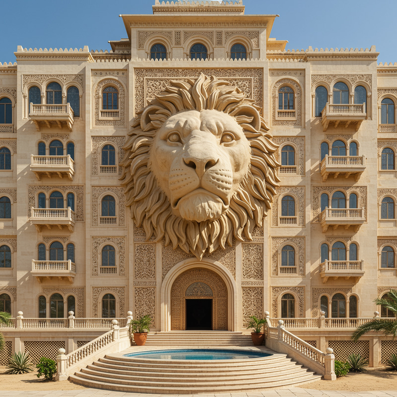 Ornate Mansion with Sculpted Lion Head Facade Ornate Mansion with Sculpted Lion Head Facade