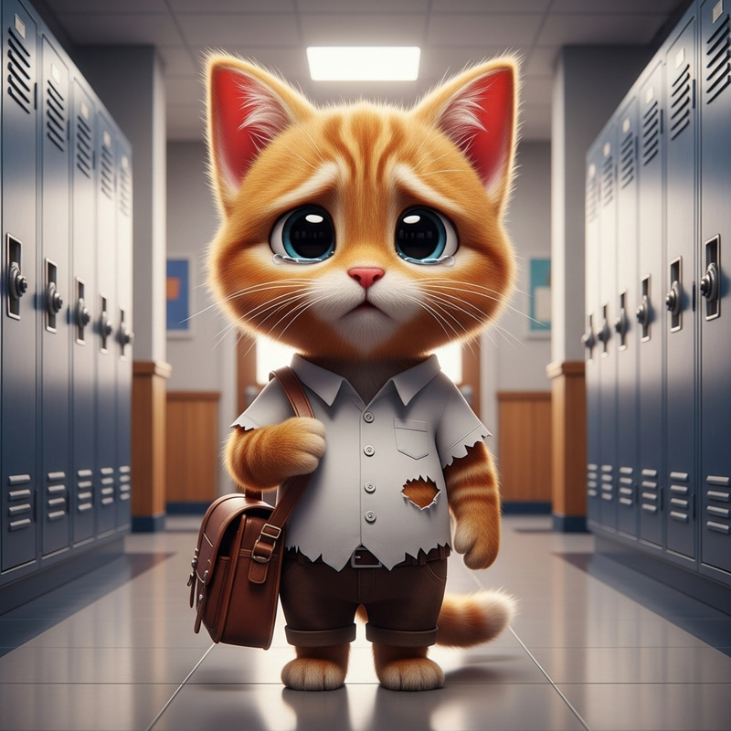 Cute Sad Tabby Kitten in School Hallway
