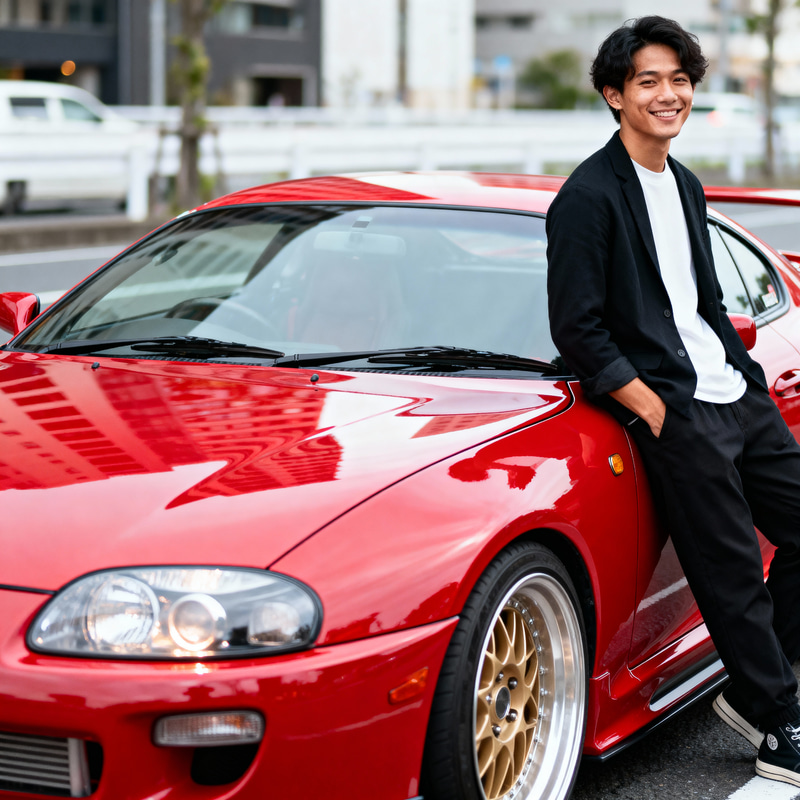 Stunning Red Toyota Supra with Stylish Young Man Stunning Red Toyota Supra with Stylish Young Man