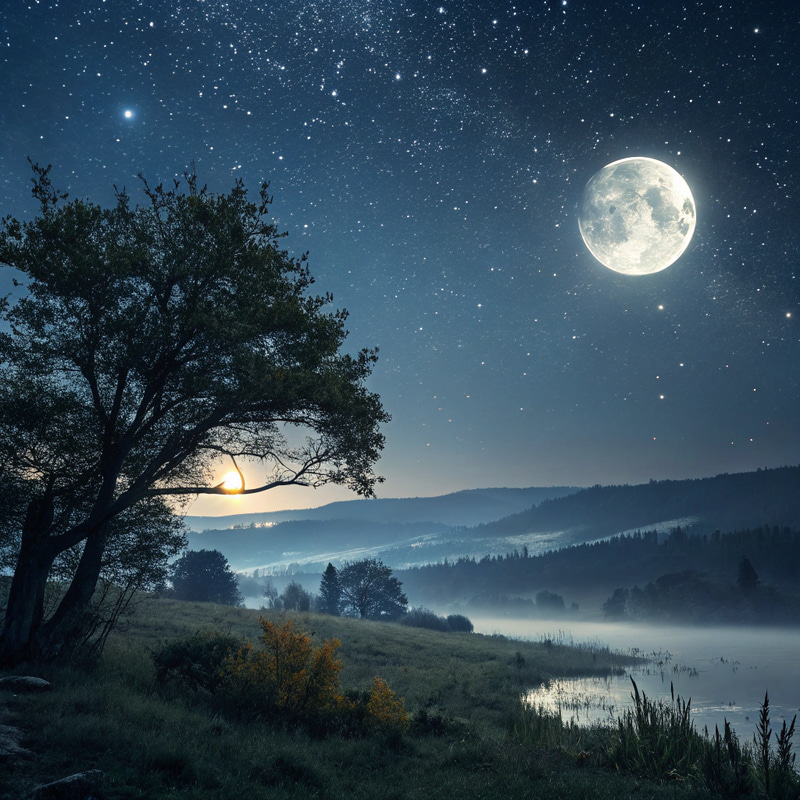 Serene Night Landscape with Moon and Stars Serene Night Landscape with Moon and Stars