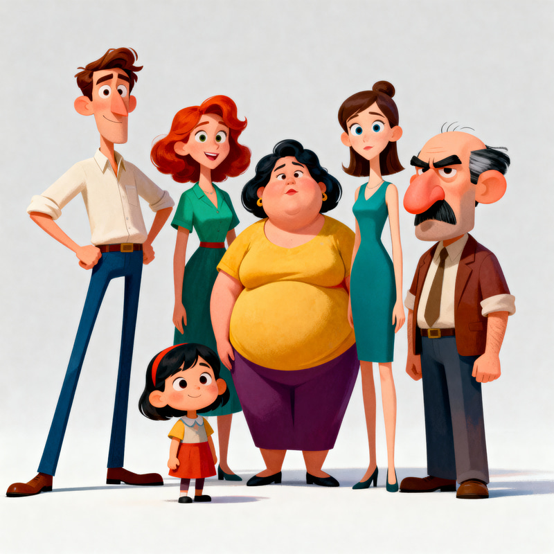 Funny Cartoon Family with Unique Features Funny Cartoon Family with Unique Features