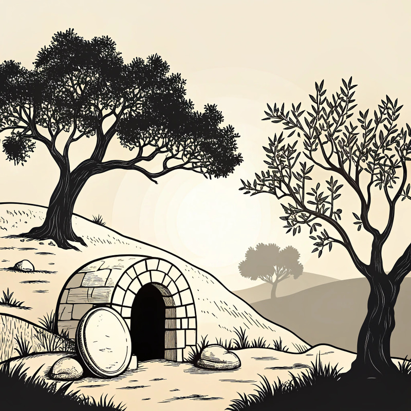 Empty Tomb in Olive Garden Scene - Silhouette Art Empty Tomb in Olive Garden Scene - Silhouette Art