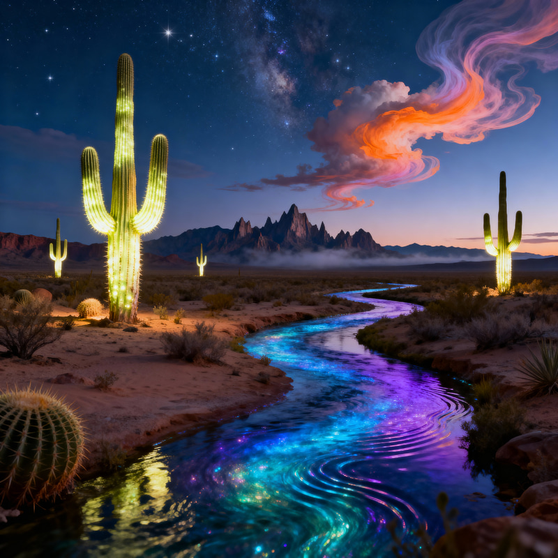 Surreal Twilight Desert Landscape with Luminous Cacti Surreal Twilight Desert Landscape with Luminous Cacti