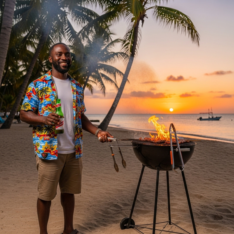 Caribbean BBQ Experience: Man with Grill & Beer