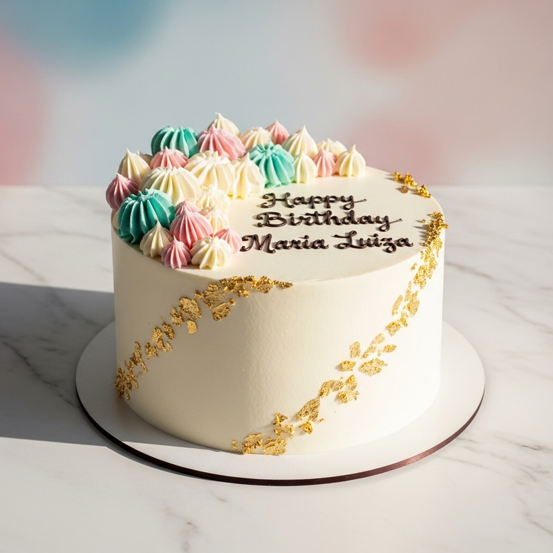 Elegant White Birthday Cake with Gold Flakes