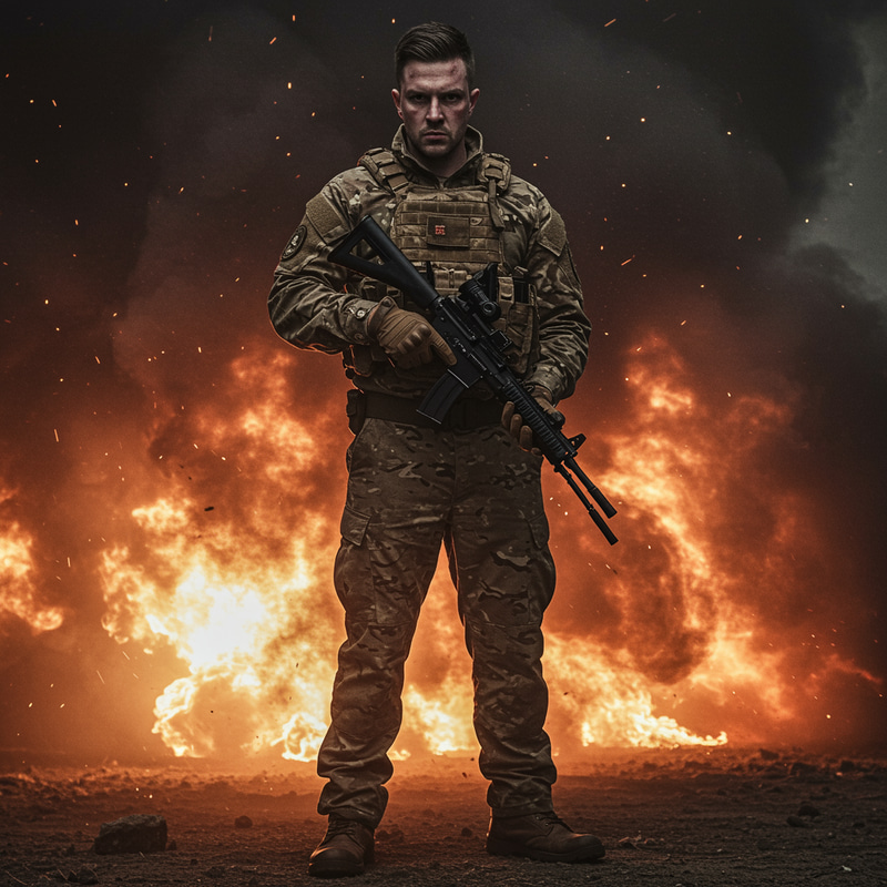 Intense War Drama: Military Model Amidst Explosion Intense War Drama: Military Model Amidst Explosion