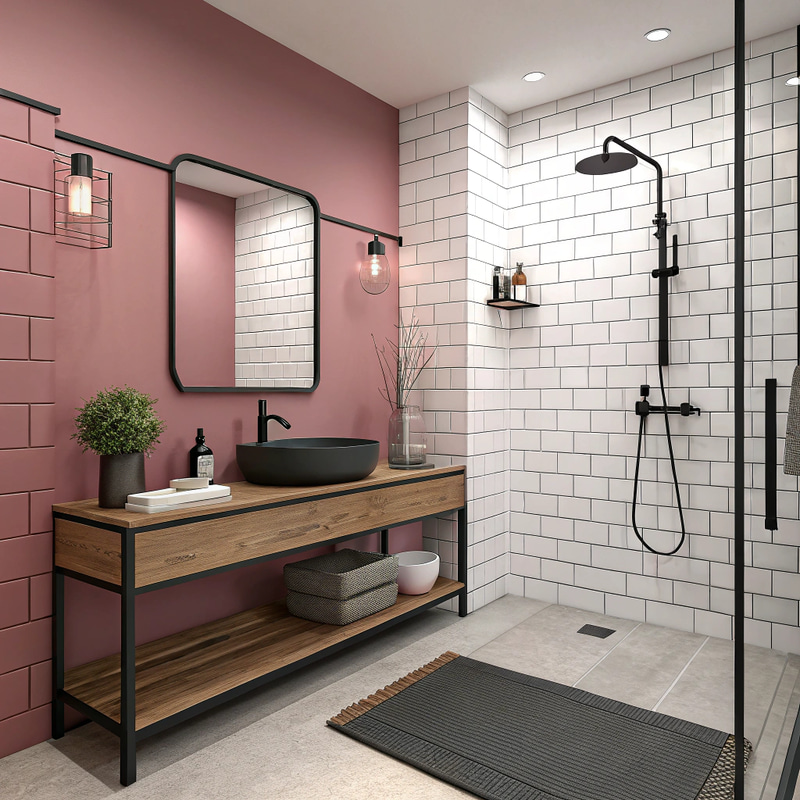 Stylish Dusty Pink Bathroom with Black Accents Stylish Dusty Pink Bathroom with Black Accents