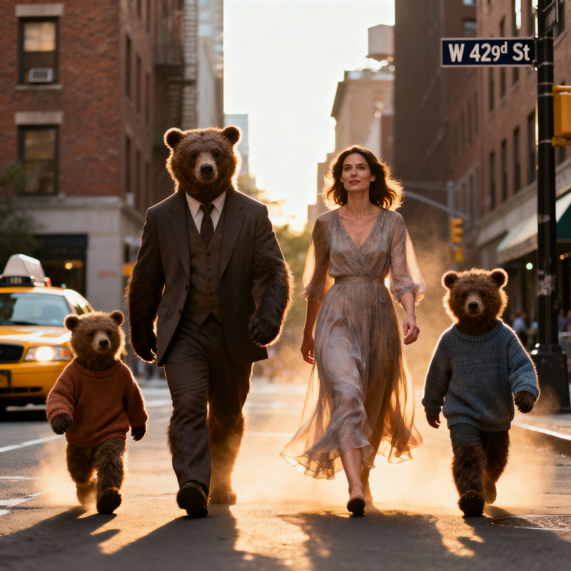 Surreal Family of Bears Walking in New York Surreal Family of Bears Walking in New York