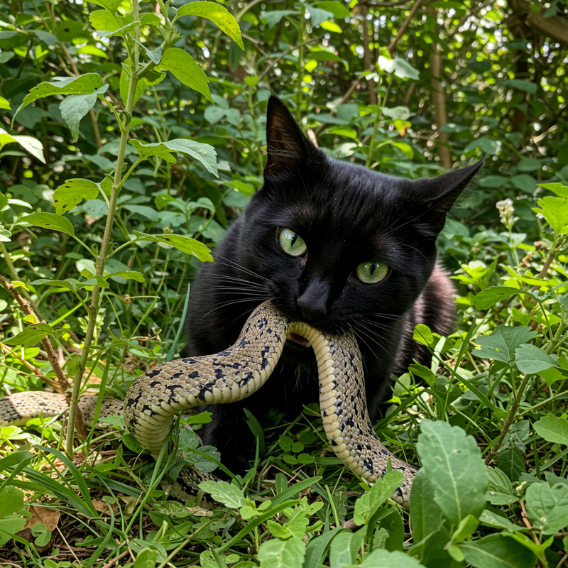 Cat Enjoying a Snake Feast Cat Enjoying a Snake Feast
