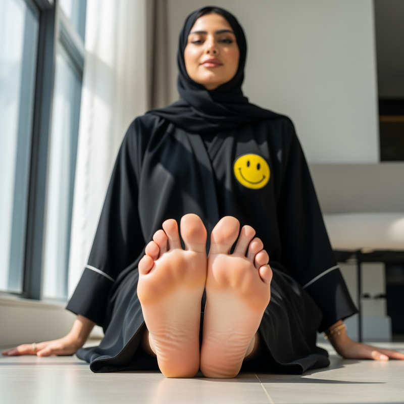 Smiley Abaya Woman Showcasing Her Soles Smiley Abaya Woman Showcasing Her Soles