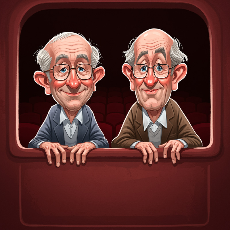 Whimsical Caricature of Elderly Men in Theater