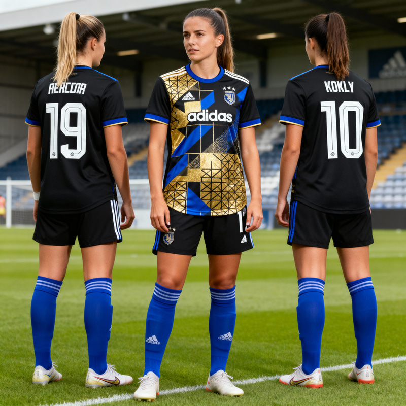 Women's Black Soccer Uniform with Gold and Royal Blue Women's Black Soccer Uniform with Gold and Royal Blue