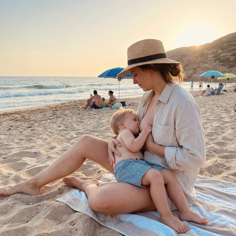 Mom Breastfeeding Toddler on the Beach Mom Breastfeeding Toddler on the Beach