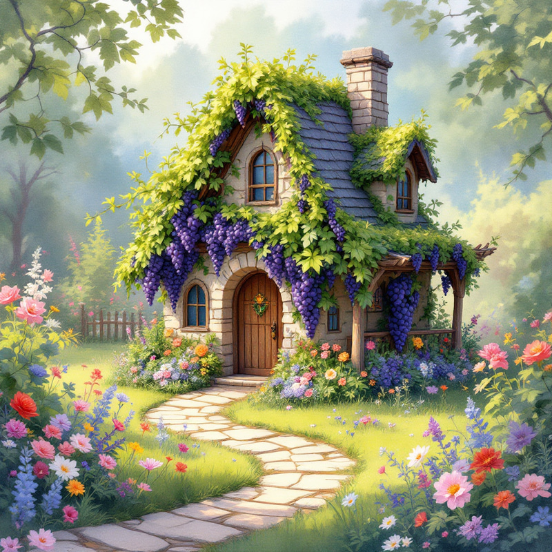 Enchanting Watercolor Garden Stone House Art Enchanting Watercolor Garden Stone House Art