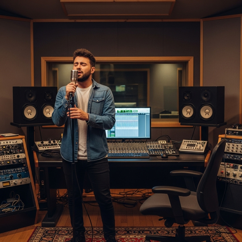 Passionate Male Singer in Modern Recording Studio Passionate Male Singer in Modern Recording Studio