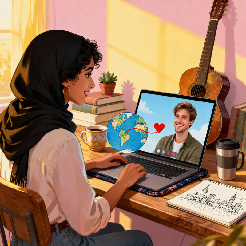 Romantic Long-Distance Relationship Illustration Romantic Long-Distance Relationship Illustration