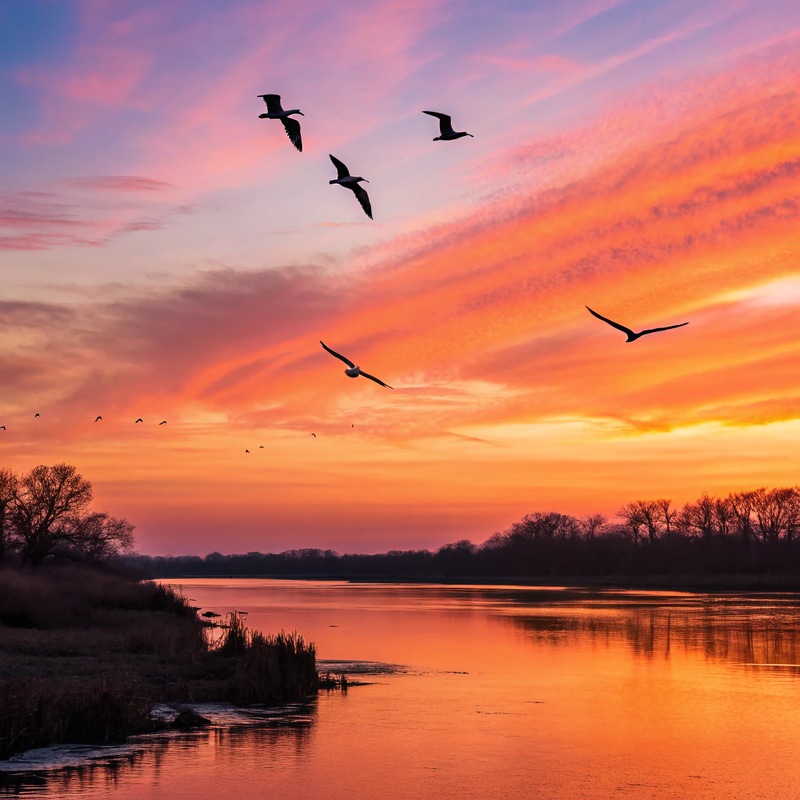 Stunning Sunset Scenery with Birds and Water Stunning Sunset Scenery with Birds and Water
