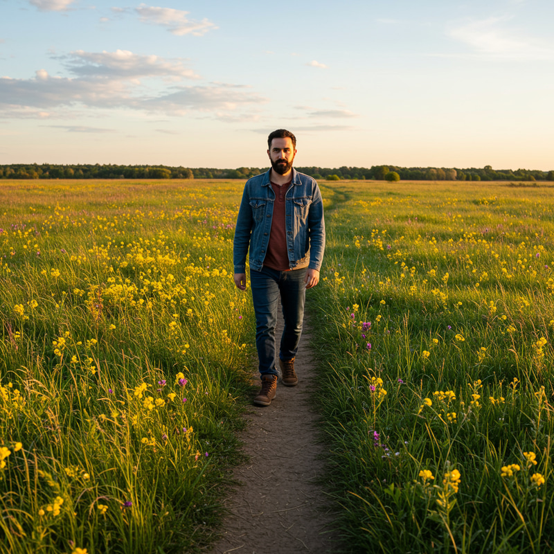 Walking Man on a Scenic Field Path Walking Man on a Scenic Field Path